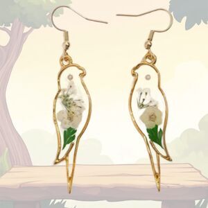 New Gold wire White Pressed Flowers BIRD Earrings